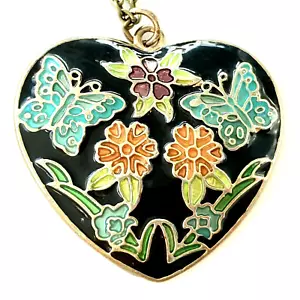 Vintage Cloisonné Herz Schmetterling Halskette schwarz aqua Emaille Blumen vergoldet - Bild 1 von 10