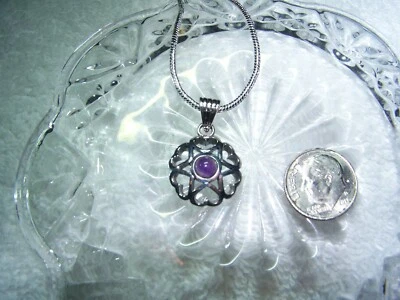 Sterling silver 6 point Star w/ hearts and Amethyst on sterling necklace 16-30" - Image 1 of 3