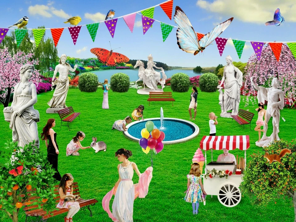 "NEW" Park fountain landscape kids animals Jigsaw Puzzle 500 piece boardgame - Image 1 of 4