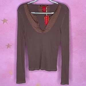 American Exchange Y2k braune gerippte Bluse mit Perlen Größe Large neu - Bild 1 von 6