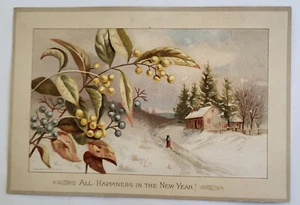 TARJETA DE AÑO NUEVO PRANG CROMOLITO BAYAS CEROSAS DE DOS CARAS NEVADAS COTTAGE ANGEL - Imagen 1 de 2