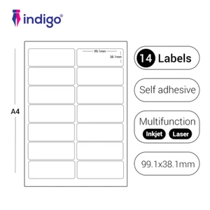 indigo Multi Purpose Sticker Labels, 14 Labels Per Sheet ( 99.1 x 38.1 mm ) - Picture 1 of 4
