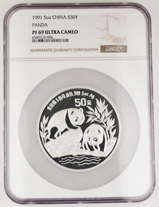 China 1991 50 Yuan 5 Oz Silver Panda Proof Coin NGC PF69 Ultra Cameo - Picture 1 of 4