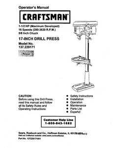 Craftsman 15 " DRILL PRESS Manual Model 137.229171 - Picture 1 of 1