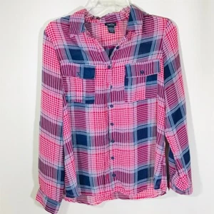 Rue21 Top Damen Gr. M Button Down kariert transparent Kragen Fronttaschen Langarm - Bild 1 von 6