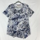 Chico's Women's Blue White Floral Print Short Sleeve Pullover Shirt Size Medium