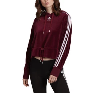 adidas Originals Women's Cropped Velvet Hoodie - Maroon - Picture 1 of 7