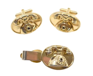 Vintage Mens Cufflinks Tie Clasp Clip Bar Rotary Dial Telephone Set Gold Tone - Picture 1 of 13