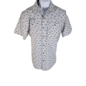 Simms Mens Medium M Double Haul Short Sleeve Button Shirt Trout Fish Graphic - Picture 1 of 14