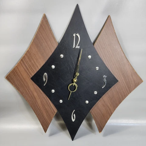 Vintage Wall Clock Diamond Retro Wood Grain Brown Black Quartz Movement Cover