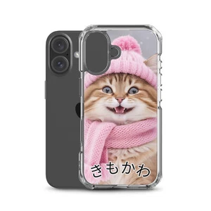 KIMOKAWAII Cat Kitten iPhone Case, cheerful smile pink knitted winter - Picture 1 of 36