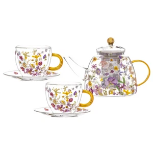 5pc Ashdene Pressed Flowers 1.2L Glass Teapot w/ SS Infuser & 350ml Tea Cup Set - Picture 1 of 3