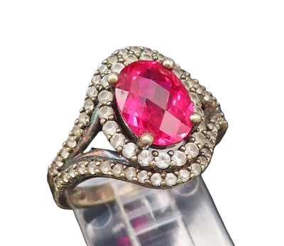 Anillo de plata de ley 925 vintage elegante con halo de topacio rojo y blanco talla 6 RG25891 Foto 1 de 4