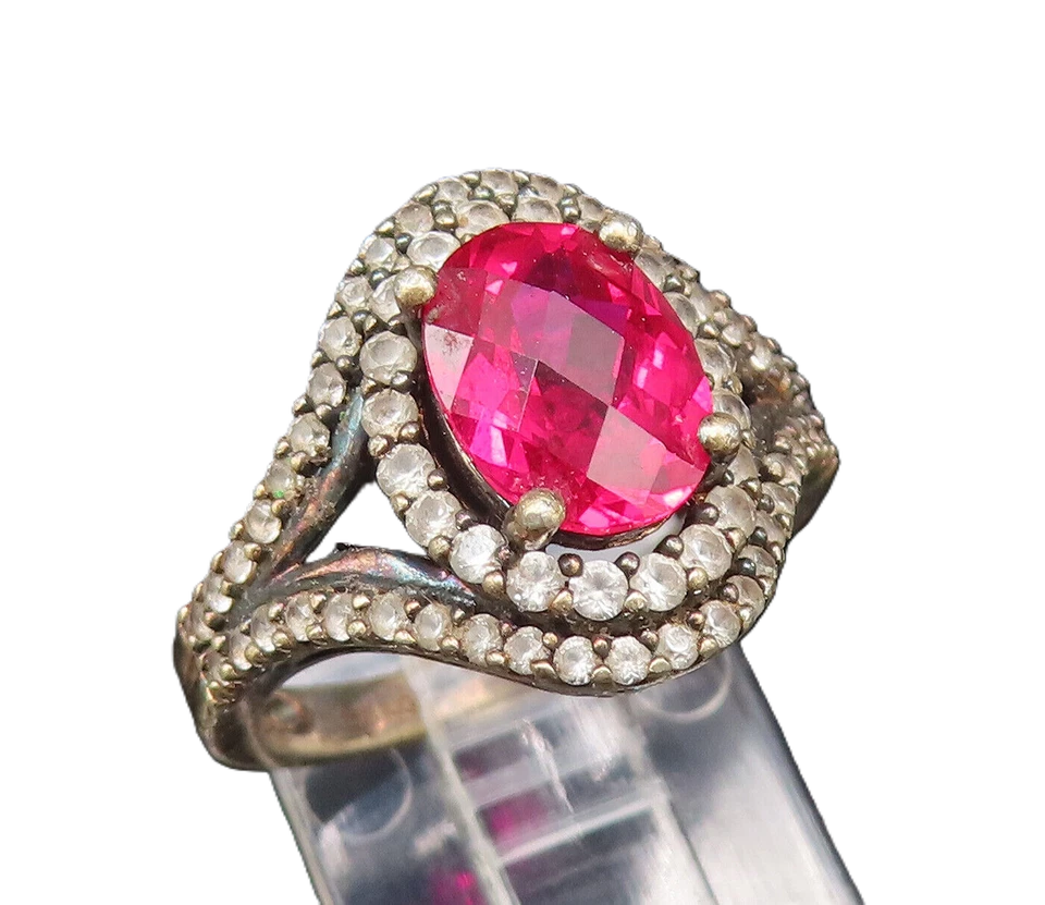 925 Sterling Silver  Vintage Fancy Red & White Topaz Halo Ring Sz 6  RG25891 - Image 1 of 4