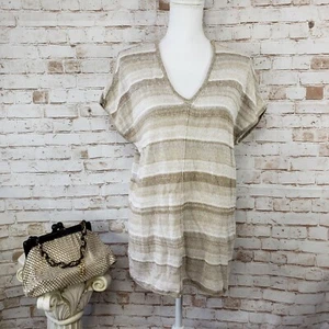 Top Tommy Bahama Talla XS Bronceado Rayas Lino Mezcla Gran Tamaño Manga Gorra Suéter - Imagen 1 de 10