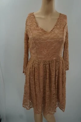 NUEVO CON ETIQUETAS GB Vestido de Cóctel Marrón Forrado Encaje Calce y Acampanado Manga Larga Cuello en V Talla 1 Foto 1 de 4