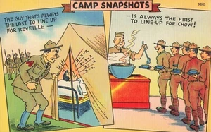 Last for Reveille, First for Chow, fumetto umorismo militare, cartolina d'epoca - Foto 1 di 2
