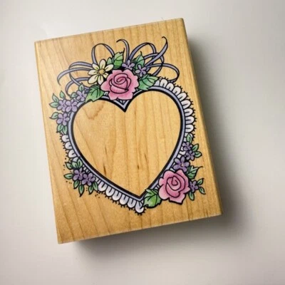 Rose Lace Heart frame~Delicate Ribbon~Rubber Stamp~4" X 5.25"~Stampendous R067 - Image 1 of 4