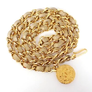 CHANEL CC Plate Medallion Charm Chain Belt Leather Beige GHW Accessory 73RK587 - Picture 1 of 10