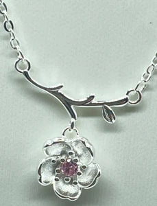 Necklace 925 Silver Chain Delicate White Flower Pink Center 16" + 2" Extension - Picture 1 of 8