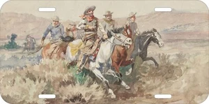 CHARLES M RUSSELL OLD WEST COWBOY THE POSSE CAR TRUCK METAL LICENSE PLATE - Picture 1 of 1