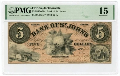1860 $5 The Bank of St. Johns - Jacksonville, FLORIDA Note PMG Fine 15 - Image 1 of 2