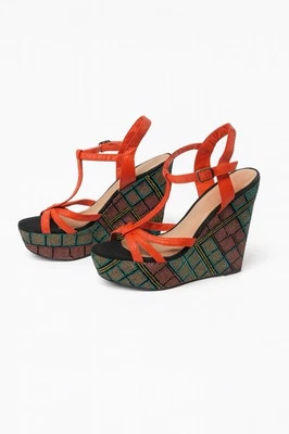 Statement Wedge Sandals Red Strappy Check Pattern UK 6 - Image 1 of 4