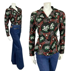VTG 60S 70S BLACK WHITE RED PINK MOD DAGGER NOTCH LAPEL FLORAL DAISY SHIRT 12 - Picture 1 of 9