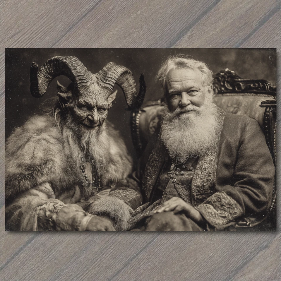POSTAL Krampus Papá Noel sentado juntos antiguo retrato navideño extraño Navidad D Foto 1 de 1