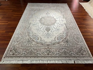 7x10 Fuß Beige Modal Seidenteppich - Creme Beige Luxus Hochwertiger Wohnzimmerteppich - Bild 1 von 18