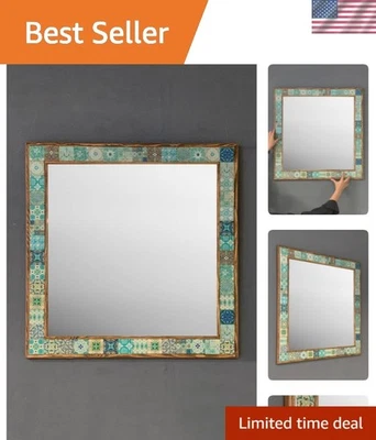 Ручной работы мозаика камень зеркало - марокканский дизайн с твердой деревянной рамой, 73 см - Изображение 1 из 4