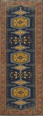Handmade Traditional Wool Blue Indian Runner Rug 3x8 Ft Oriental Geometric Rug - Image 1 of 4