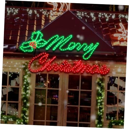 Веселый рождественский световой знак 49 x 26 дюймов 630 светодиодов большой рождественский зеленый и ягодный - Изображение 1 из 4