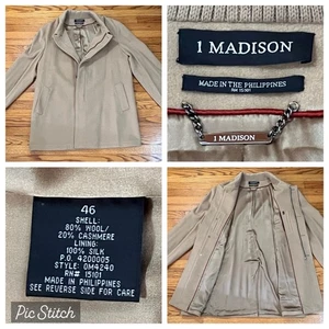 1 Madison hellbraun Reißverschluss Knopf Mantel Wolle Kaschmir Mischung 100% Seide Futter Herren Gr. 46 - Bild 1 von 14