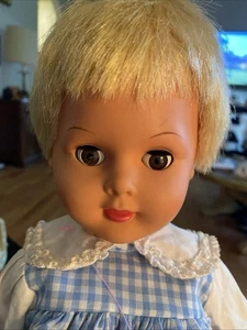 18 Zoll blonde braunäugige Ratti Babypuppe hergestellt in Italien SELTEN Gingham-Kleid mit offenem Mund - Bild 1 von 9