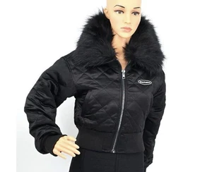 Juicy Couture Aviator Quilted Bomber Jacket Size M Black Faux Fur Collar Y2K Gla - Picture 1 of 8