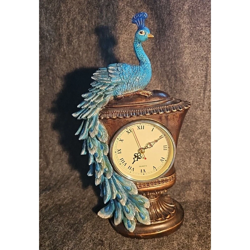 Peacock Clock European Style Creative Desk Clock Resin Quartz Works 14 Inches - Image 1 of 4
