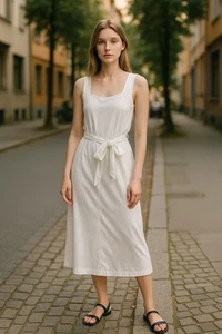 Vince Midi Dress Belted Square Neck Pima Cotton Women’s Size Small White NWT - Picture 1 of 12