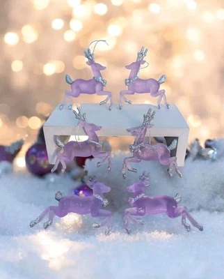 6 Frosted Glass Effect Lucite Plastic Purple Silver Glitter Christmas Tree Decor - Image 1 of 4