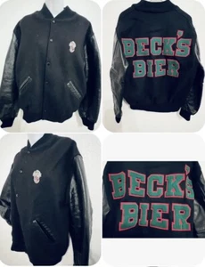 VTG Becks Beer Bier Black Wool Leather Varsity Jacket Mens 44 Dehen Knitting USA - Picture 1 of 15