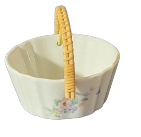 Russ 4939 Floral Ceramic Basket With Wicker Handle 4.5" Wide 2 5" Tall Cover