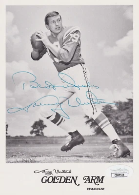 HOF'ER JOHNNY UNITAS AUTOGRAPH 5X7 GOLDEN ARM RESTAURANT VINTAGE PHOTO COLTS JSA - Image 1 of 3