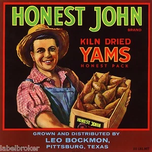 YAM CRATE LABEL HONEST JOHN PITTSBURGH TEXAS 1950S VINTAGE ORIGINAL FARMER - Picture 1 of 1