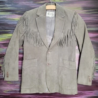 Scully Suede Western Fringe Jacket Sz 38 Mens Pockets Satin Lined Button Up Gray - Image 1 of 4