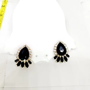 Vintage Black Clear Crystal Glass Teardrop Marquise Statement Glam Clip Earrings - Picture 1 of 4