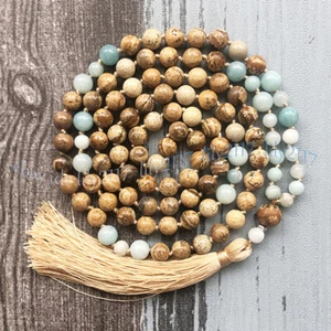 8mm Picture Jasper Amazonite Gems Tibet Buddhist 108 Prayer Beads Mala Necklace - Picture 1 of 5