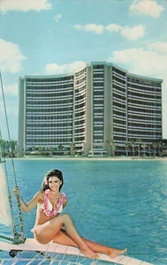 Lady in Bikini on Sailboat Waterfront Sheraton Waikiki HI Hotel Vintage Postcard - Picture 1 of 2