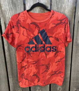 Youth Adidas Red Camo 3 Stripe Logo T-Shirt NO SIZE Cotton Streetwear Soccer - Picture 1 of 10