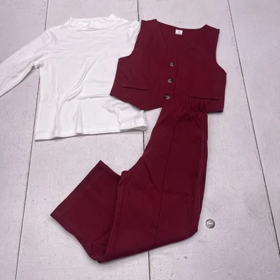 Conjunto de conjunto de 3 piezas para niñas 4 años borgoña chaleco pantalones blanco top elegante niño formal Foto 1 de 4