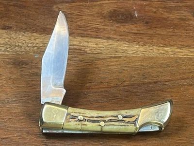 Navaja de bolsillo con mango de ciervo de latón con punta de clip pequeña sin marca Foto 1 de 4